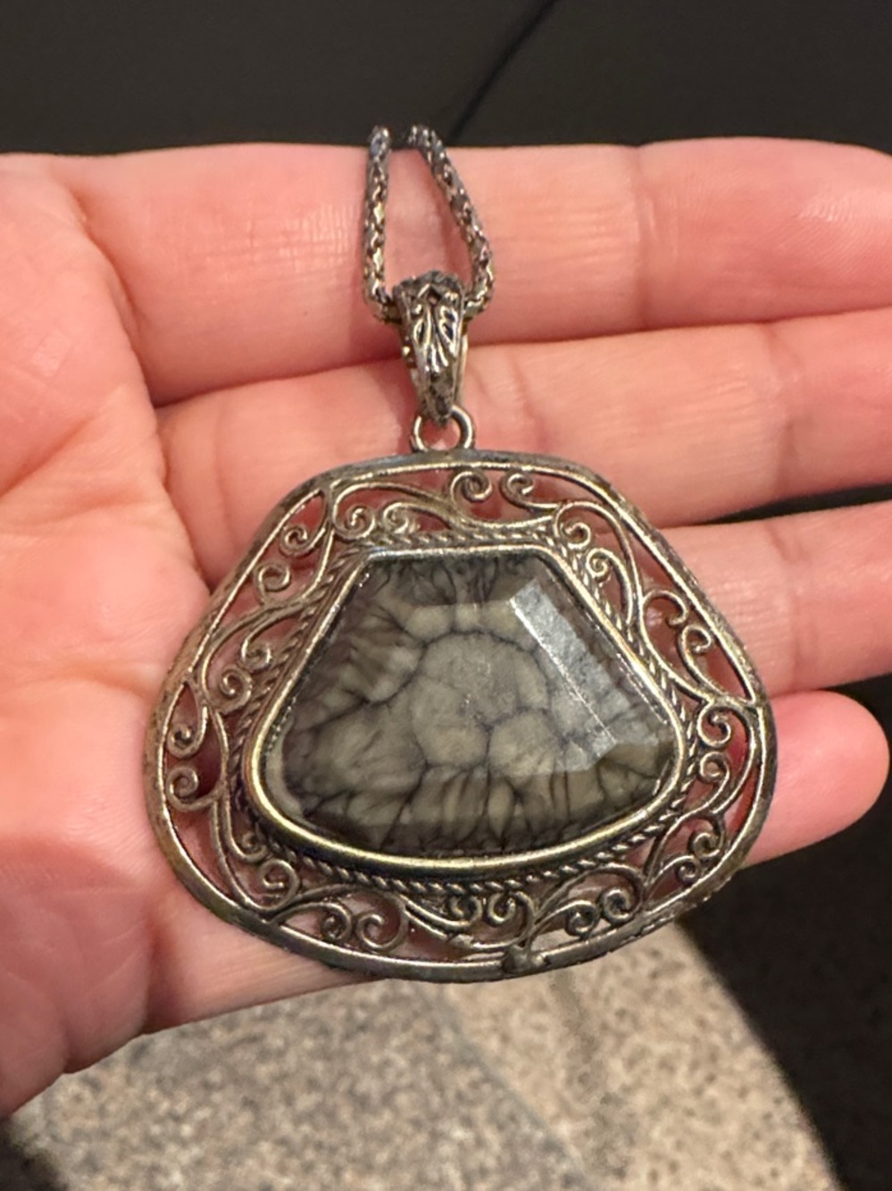 Vintage Gray faux Stone Filigree Pendant Necklace